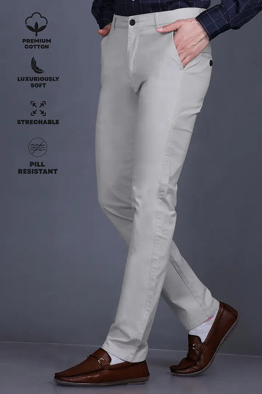 Light Grey Solid Regular Fit Casual Cotton Trouser for Men