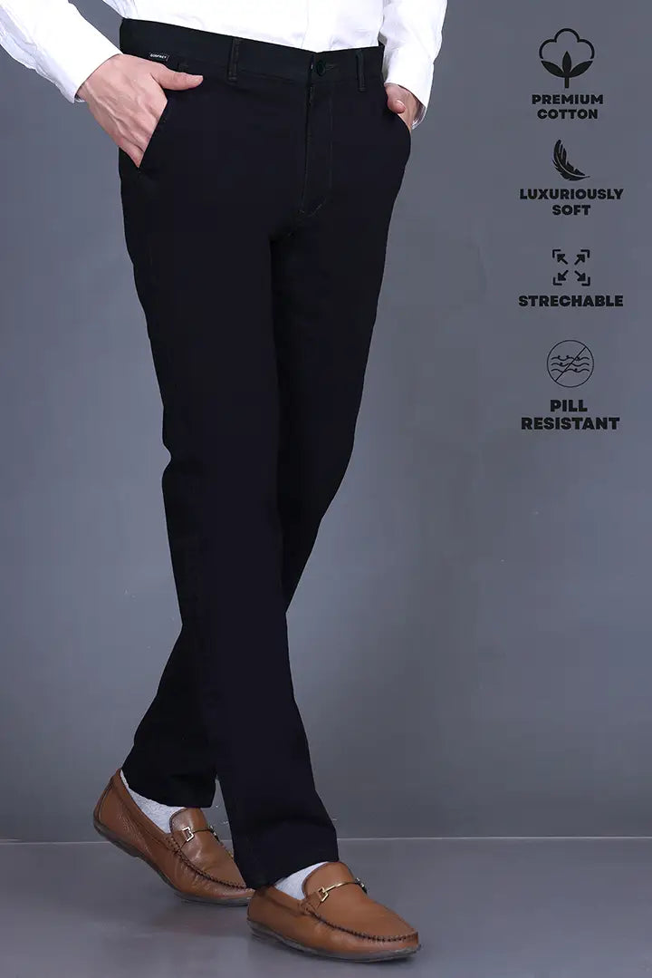 Navy Solid Regular Fit Casual Cotton Trouser for Men