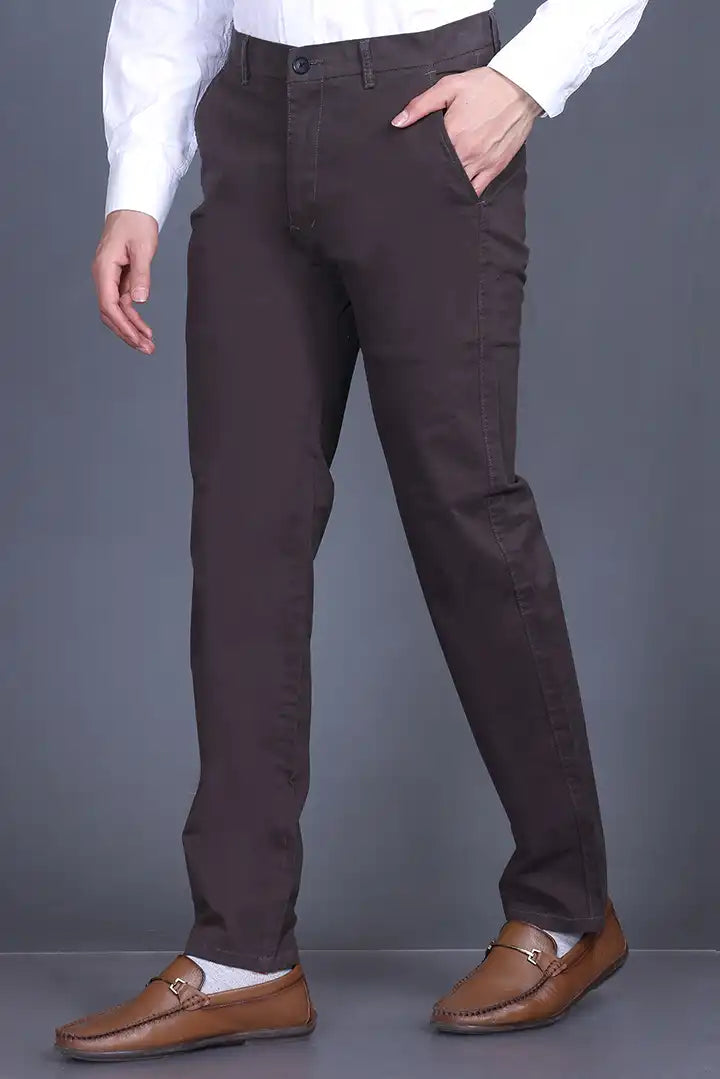Charcoal Brown Solid Regular Fit Casual Cotton Trousers Men
