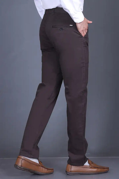 Charcoal Brown Solid Regular Fit Casual Cotton Trousers Men
