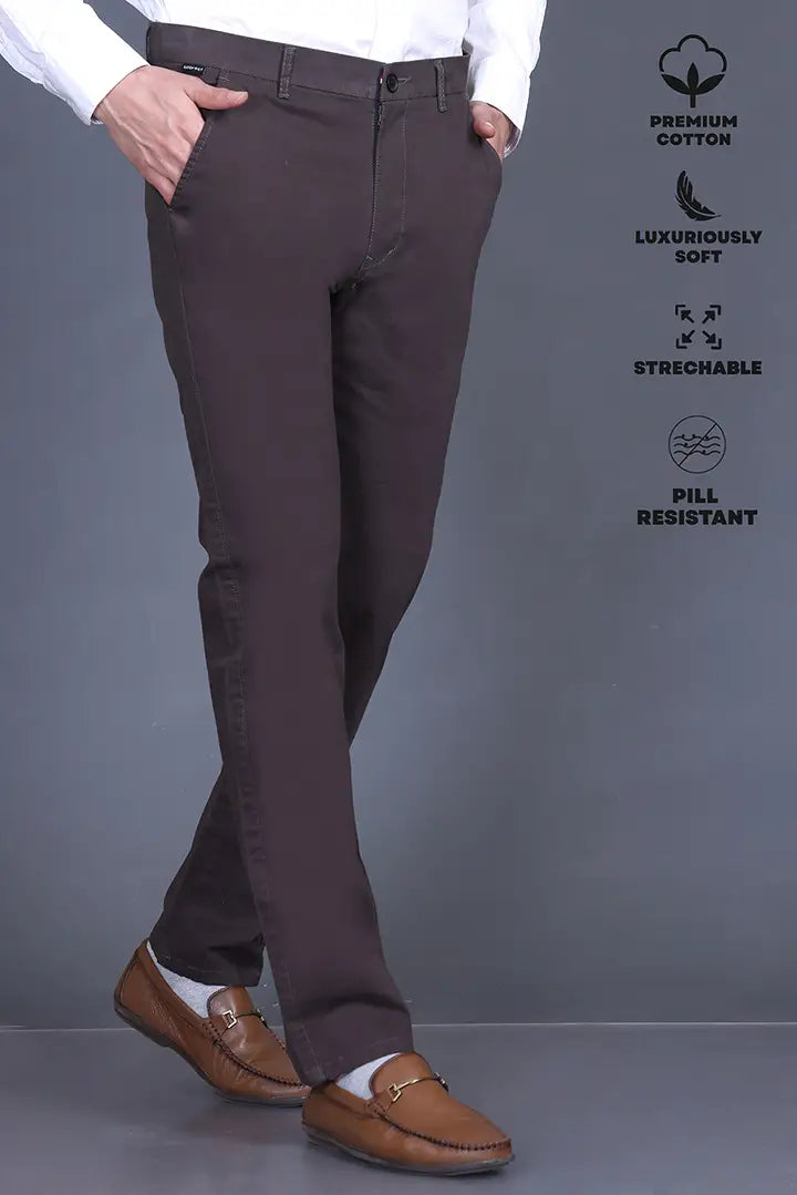 Charcoal Brown Solid Regular Fit Casual Cotton Trousers Men