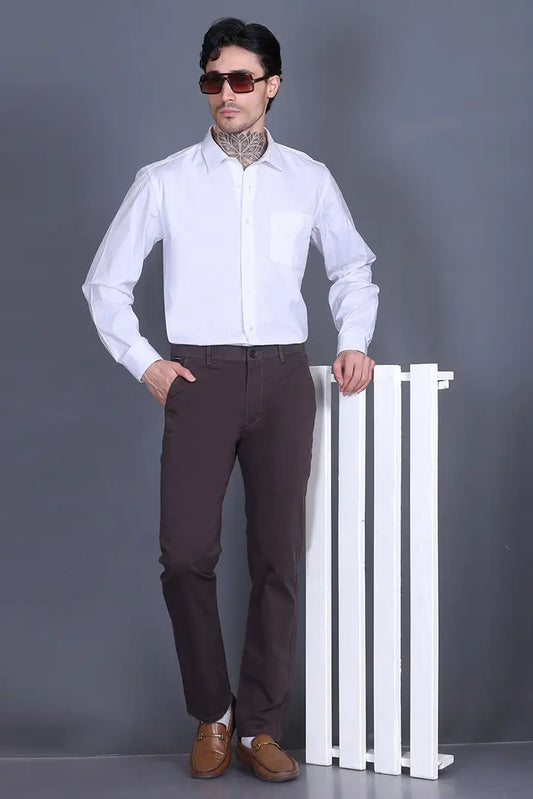 Charcoal Brown Solid Regular Fit Casual Cotton Trousers Men