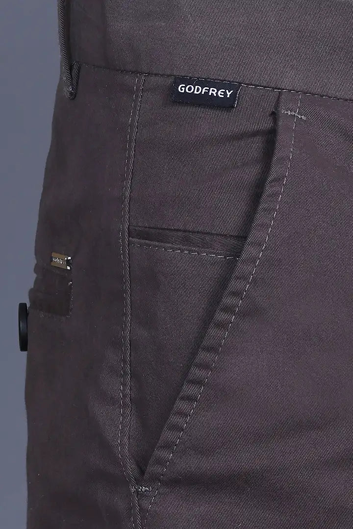 Charcoal Brown Solid Regular Fit Casual Cotton Trousers Men