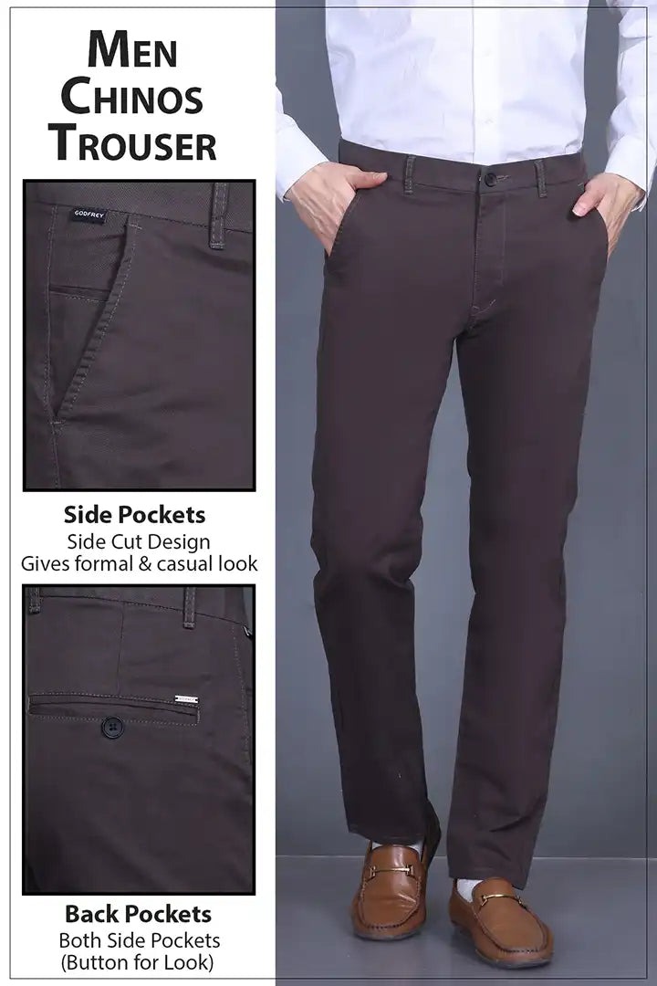 Charcoal Brown Solid Regular Fit Casual Cotton Trousers Men