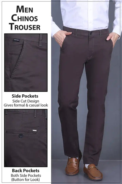 Charcoal Brown Solid Regular Fit Casual Cotton Trousers Men