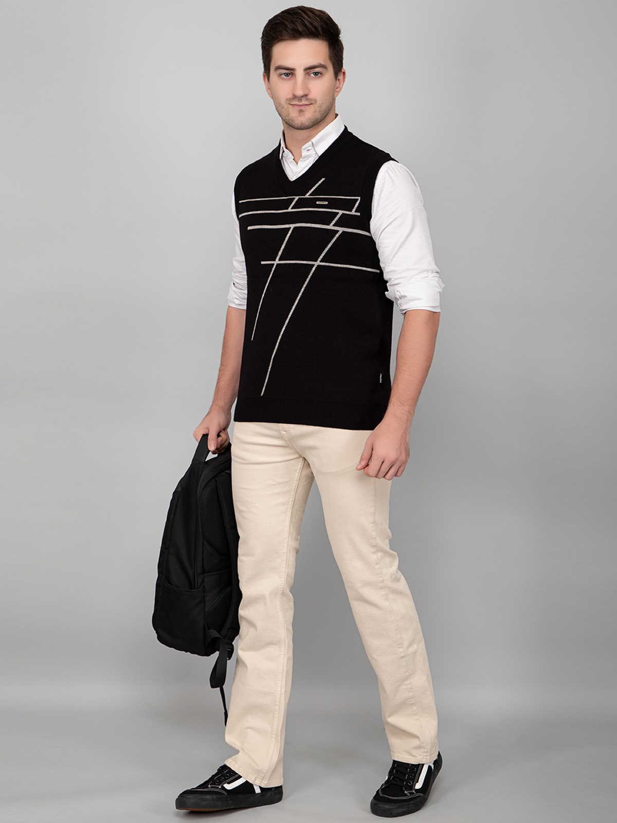 Black Woolen V-Neck Sleeveless Men Sweater Vest