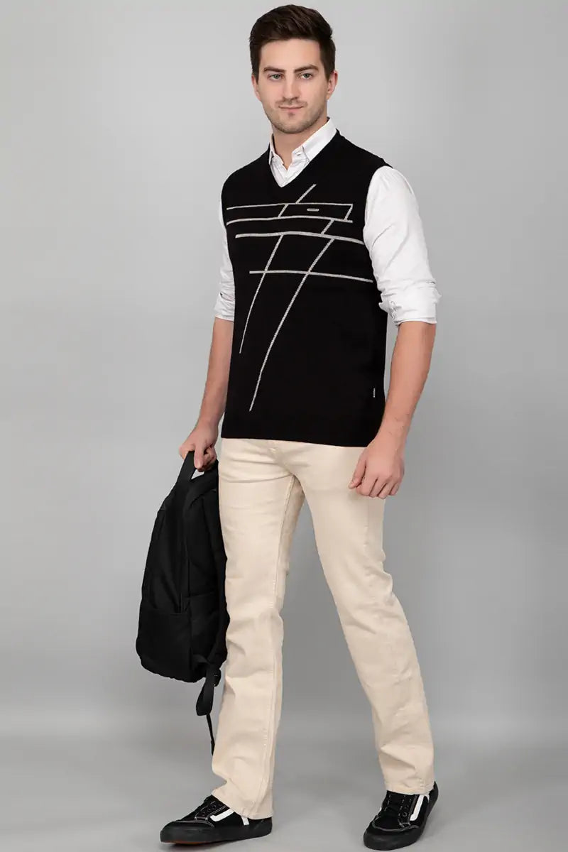 Black Woolen V-Neck Sleeveless Men Sweater Vest