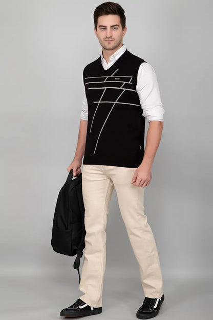 Black Woolen V-Neck Sleeveless Men Sweater Vest