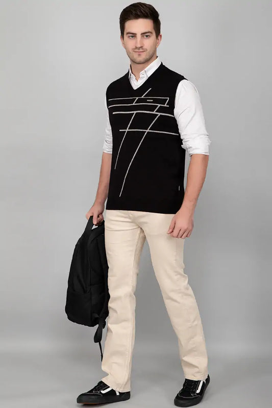 Black Woolen V-Neck Sleeveless Men Sweater Vest