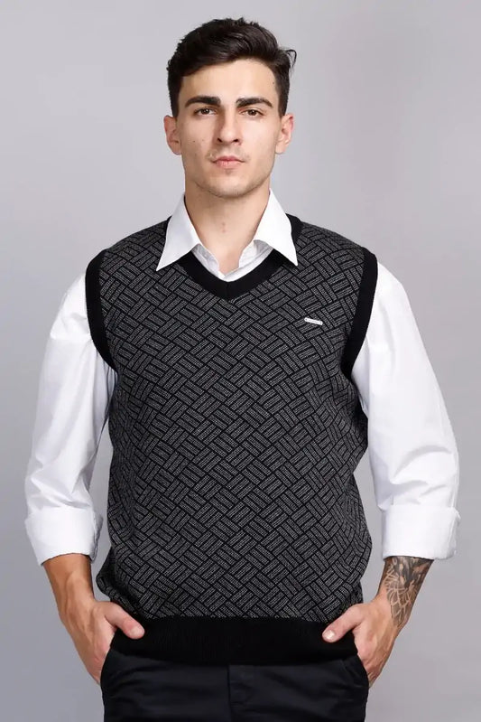 Black Woolen V-Neck Sleeveless Half Sweater For Men