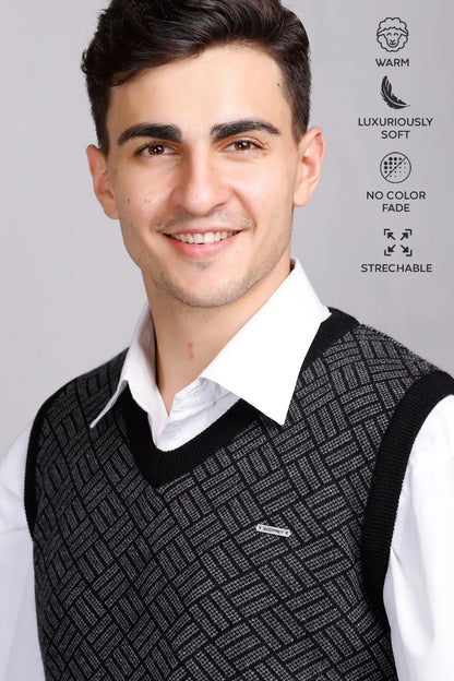Black Woolen V-Neck Sleeveless Half Sweater For Men