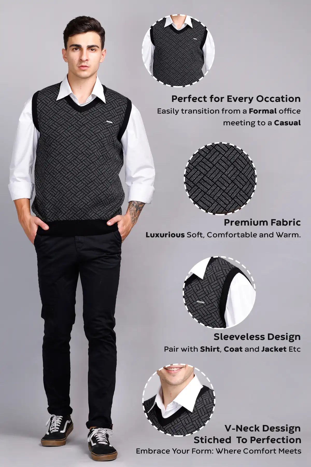 Black Woolen V-Neck Sleeveless Half Sweater For Men