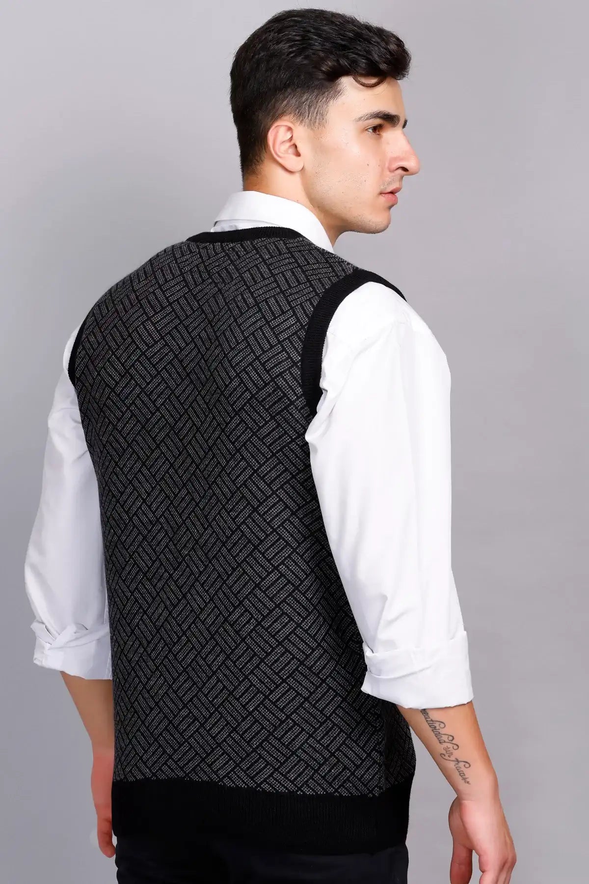 Black Woolen V-Neck Sleeveless Half Sweater For Men