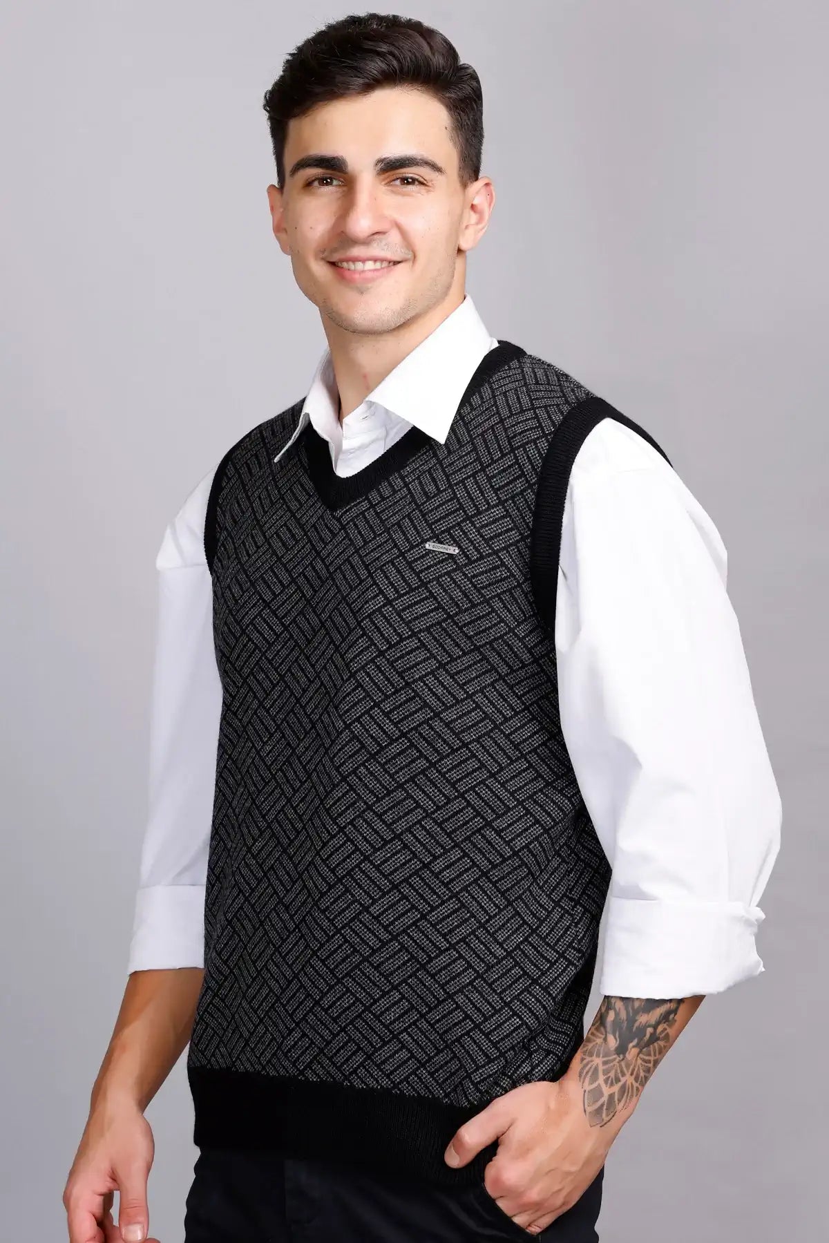 Black Woolen V-Neck Sleeveless Half Sweater For Men