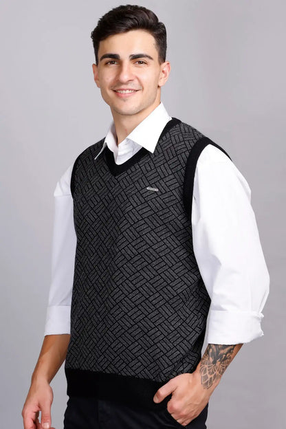 Black Woolen V-Neck Sleeveless Half Sweater For Men