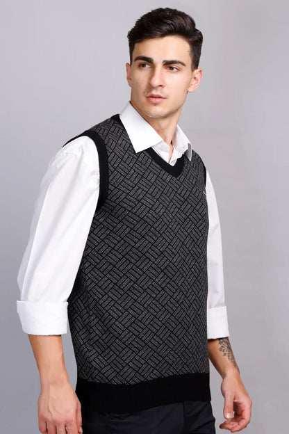 Black Woolen V-Neck Sleeveless Half Sweater For Men