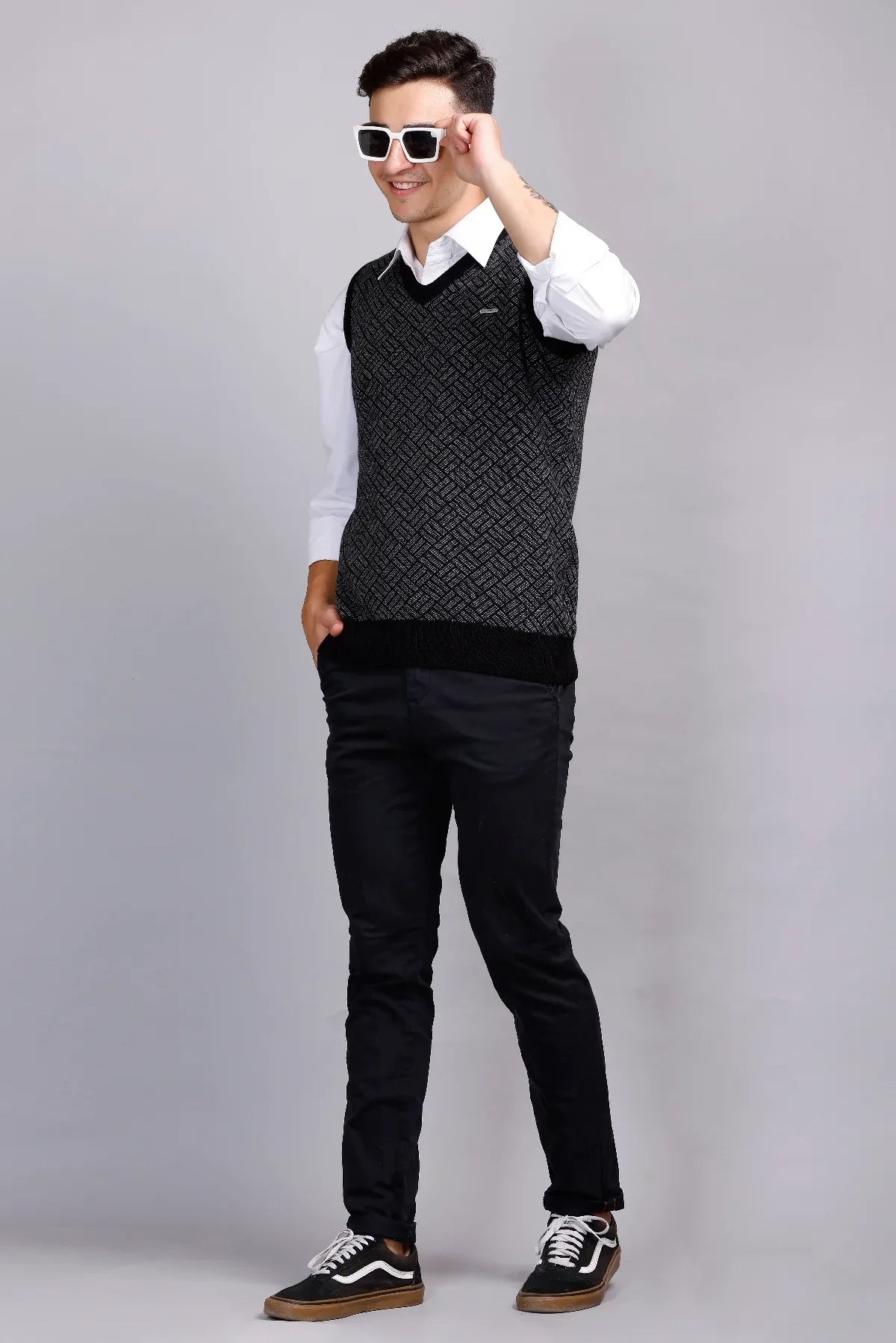 Black Woolen V-Neck Sleeveless Half Sweater For Men