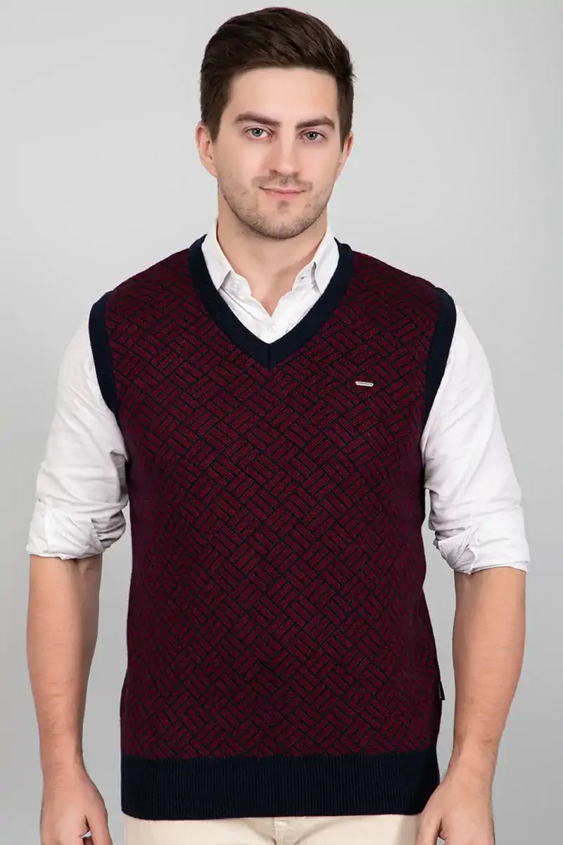 Navy Woolen V-Neck Sleeveless Half Sweater For Men