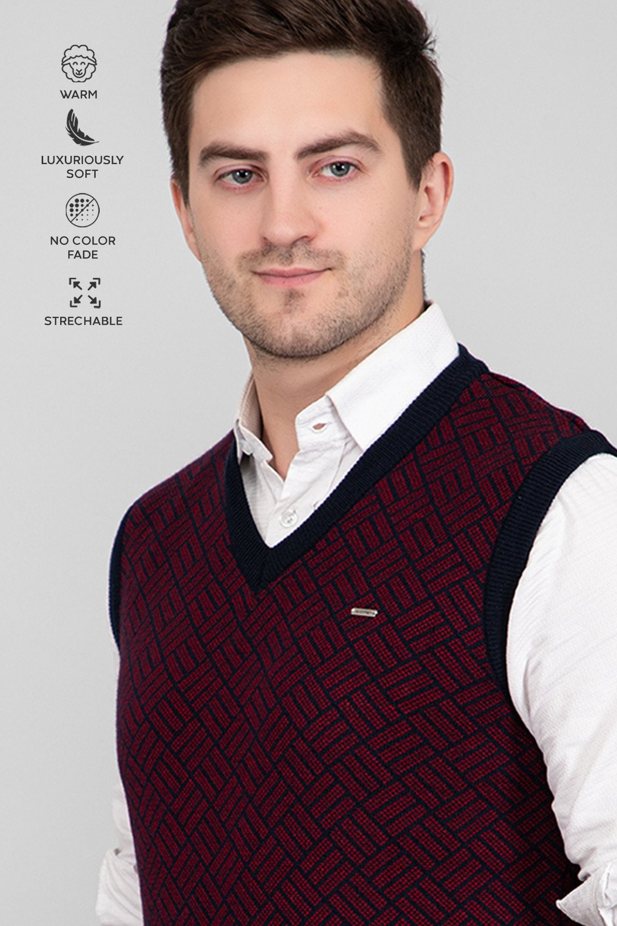 Navy Woolen V-Neck Sleeveless Half Sweater For Men