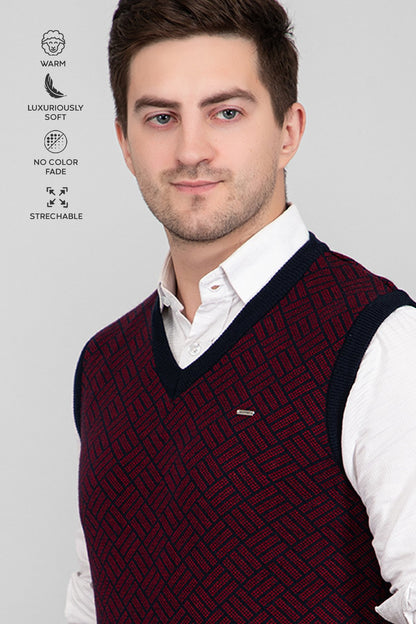 Navy Woolen V-Neck Sleeveless Half Sweater For Men