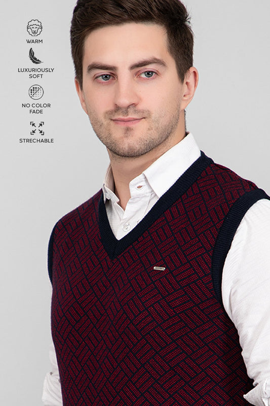 Navy Woolen V-Neck Sleeveless Half Sweater For Men