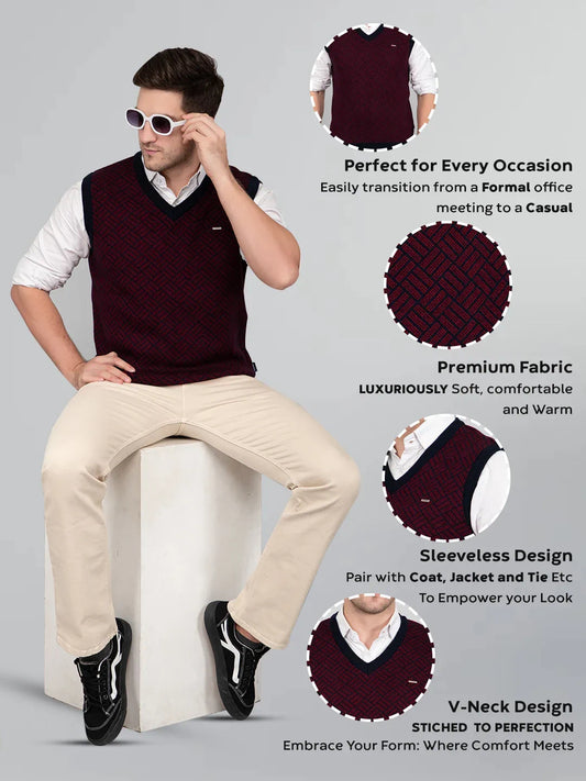 Navy Woolen V-Neck Sleeveless Half Sweater For Men