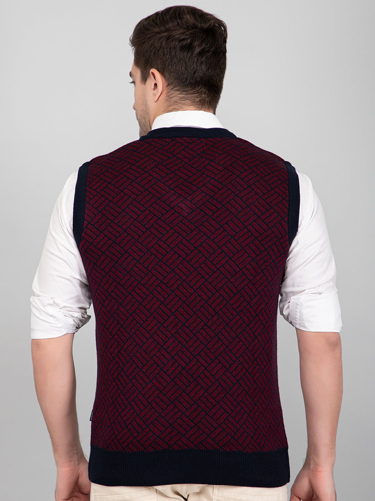 Navy Woolen V-Neck Sleeveless Half Sweater For Men