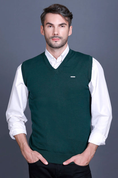 Bottle Green  Cotton V-Neck Sleeveless Sweater Vest Men
