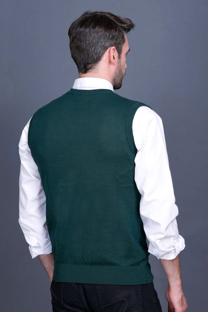 Bottle Green  Cotton V-Neck Sleeveless Sweater Vest Men