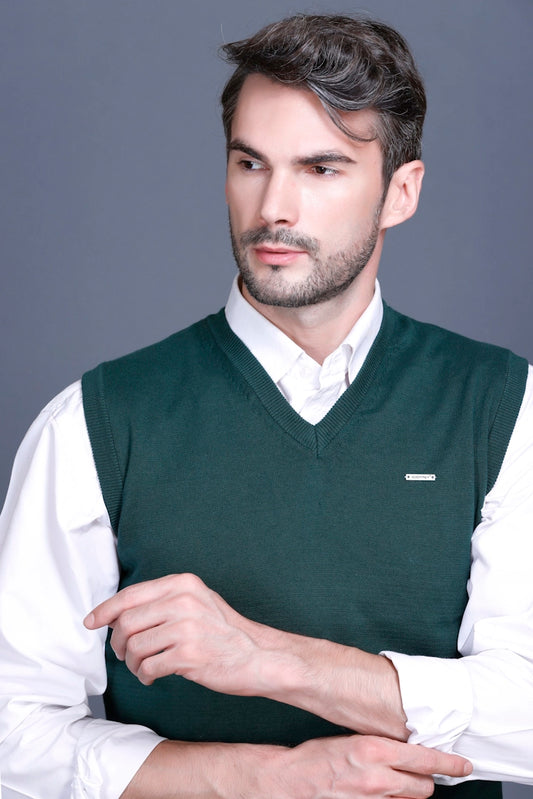 Bottle Green  Cotton V-Neck Sleeveless Sweater Vest Men