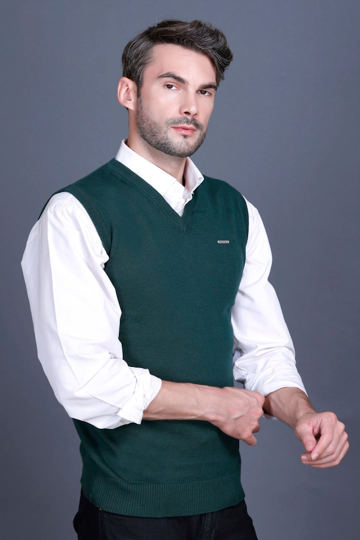 Bottle Green  Cotton V-Neck Sleeveless Sweater Vest Men