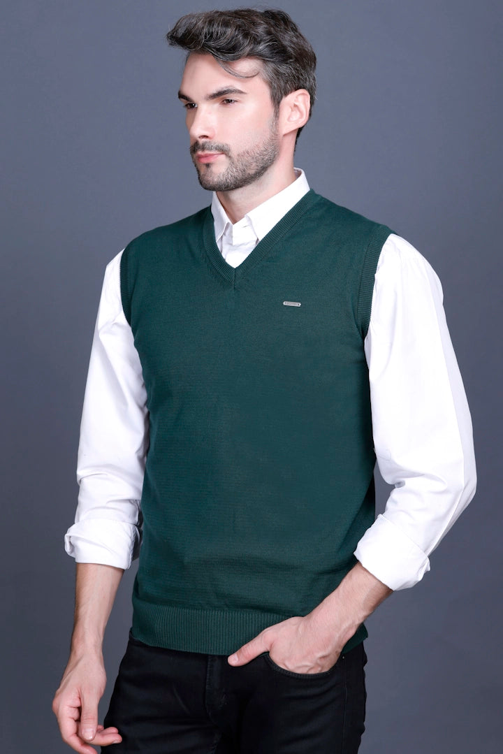 Bottle Green  Cotton V-Neck Sleeveless Sweater Vest Men