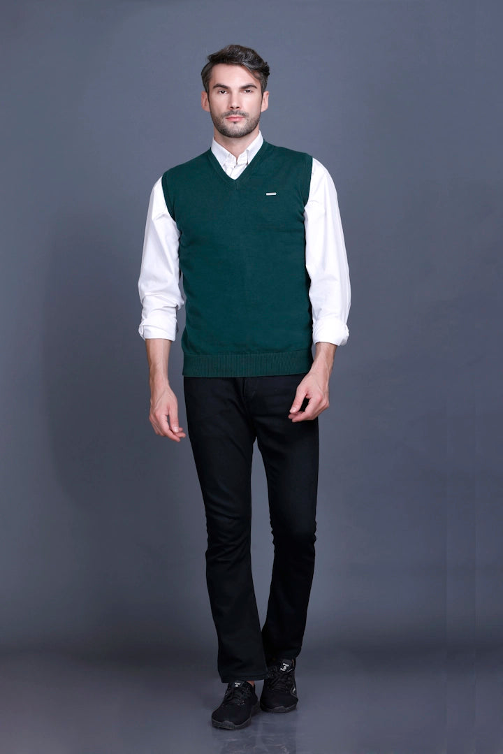 Bottle Green  Cotton V-Neck Sleeveless Sweater Vest Men