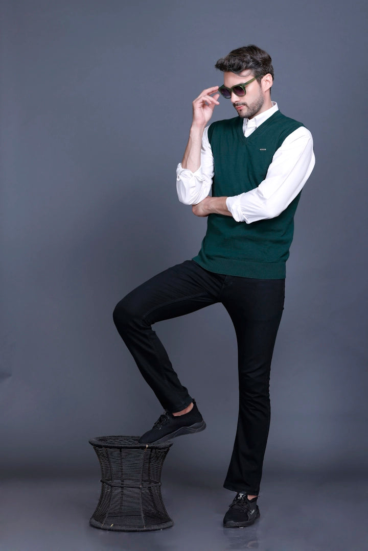 Bottle Green  Cotton V-Neck Sleeveless Sweater Vest Men