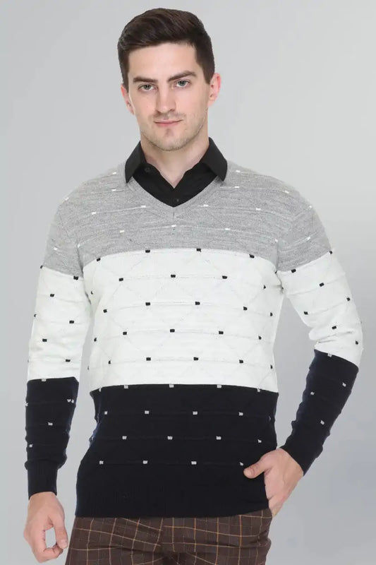 White Woolen V-Neck Pullover Sweater for Men
