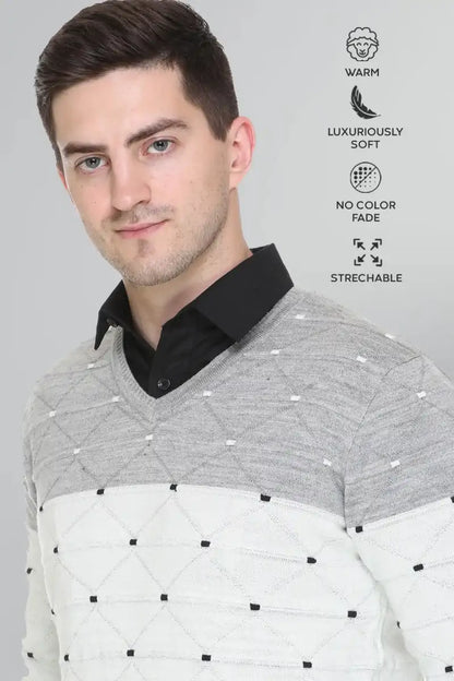 White Woolen V-Neck Pullover Sweater for Men