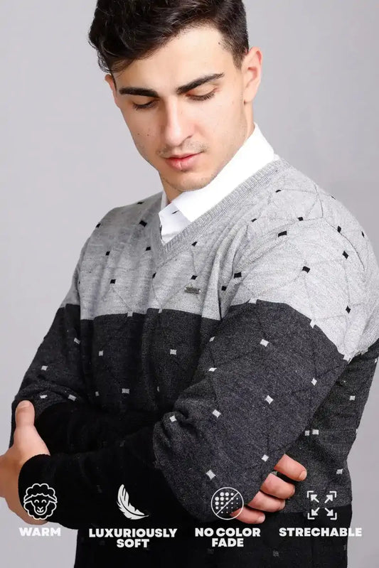 Black Woolen V-Neck Pullover Sweater for Men