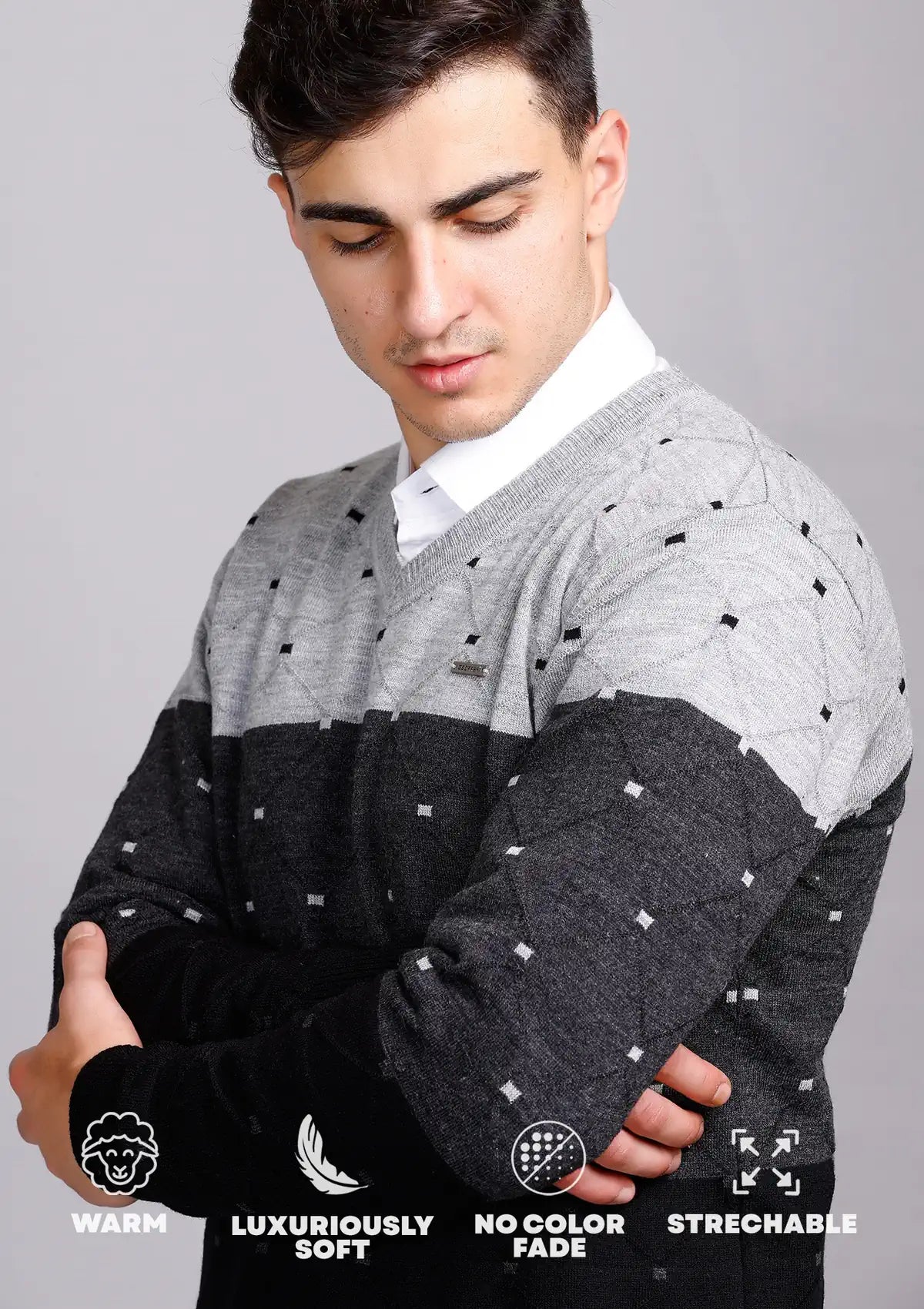 Black Woolen V-Neck Pullover Sweater for Men