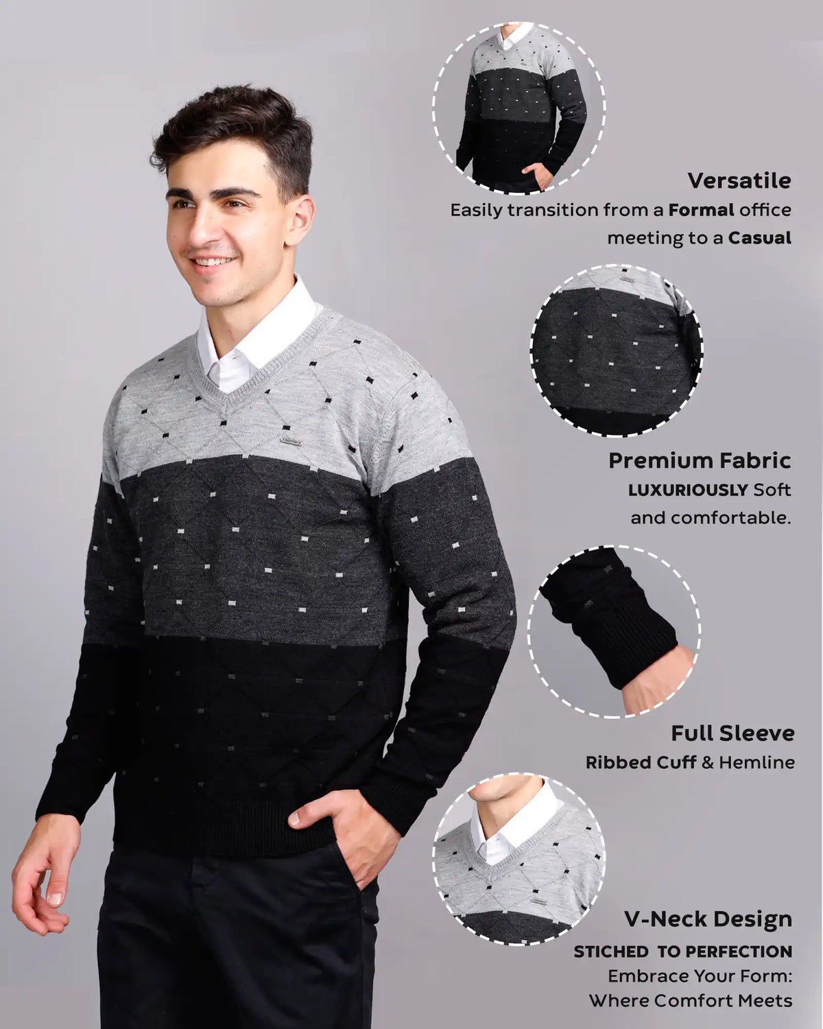 Black Woolen V-Neck Pullover Sweater for Men