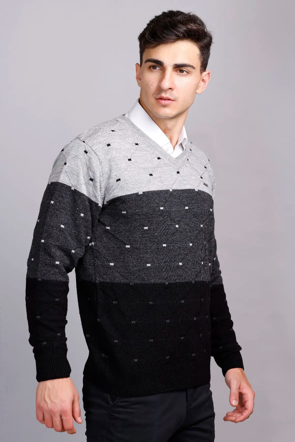 Black Woolen V-Neck Pullover Sweater for Men
