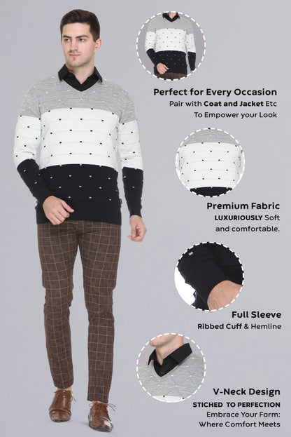 White Woolen V-Neck Pullover Sweater for Men