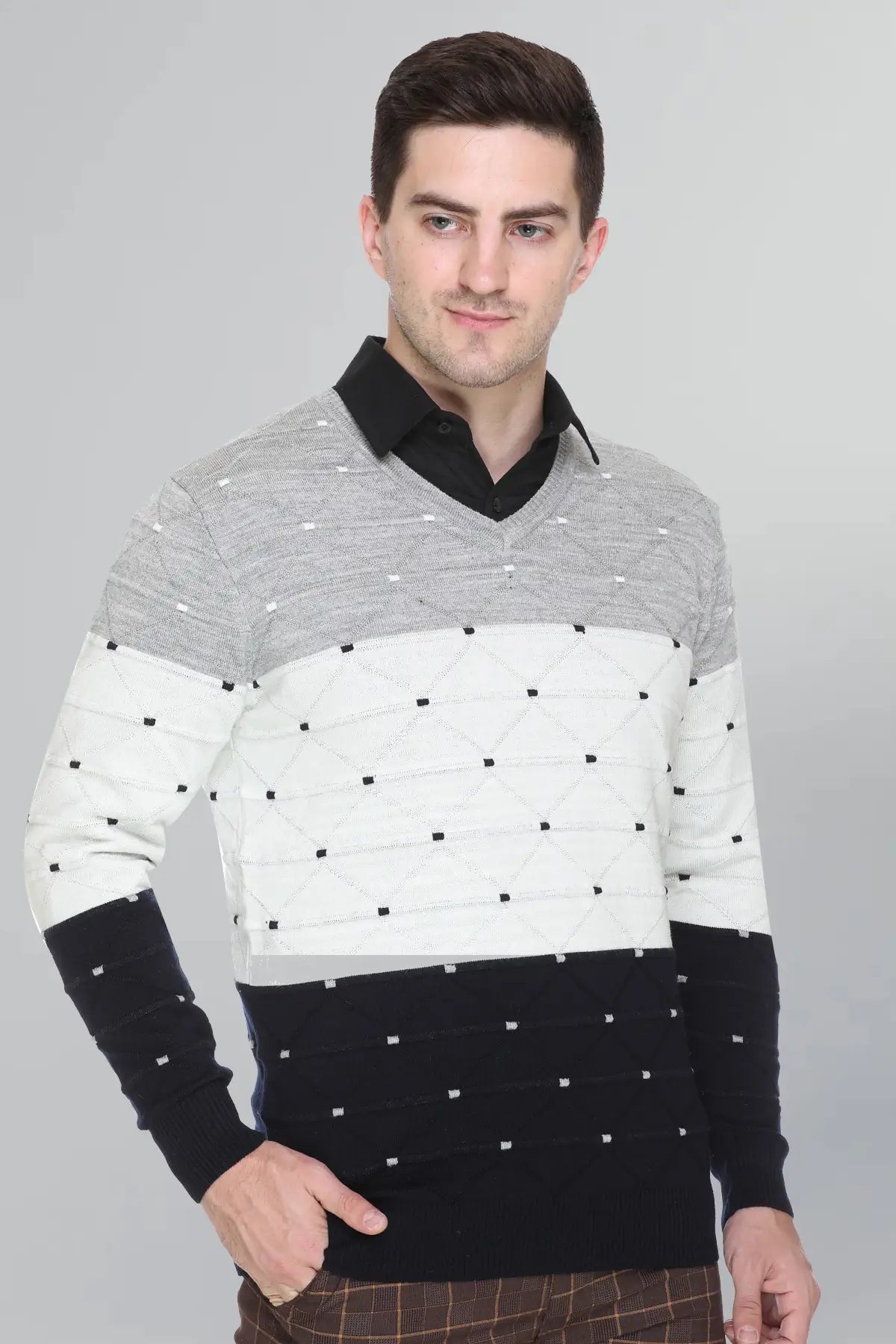 White Woolen V-Neck Pullover Sweater for Men