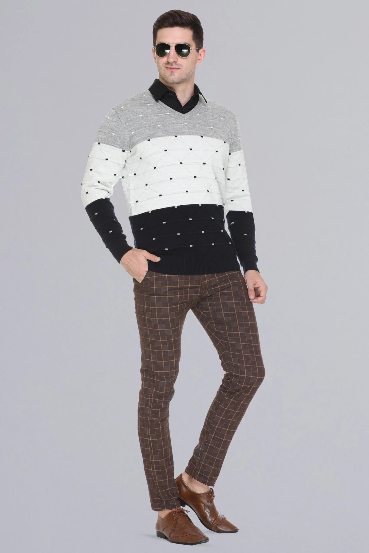 White Woolen V-Neck Pullover Sweater for Men