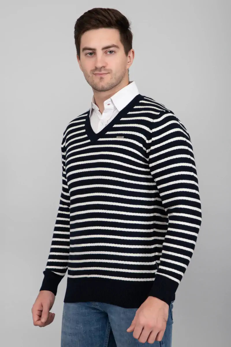 Navy Woolen V-Neck Striped Sweater For Men