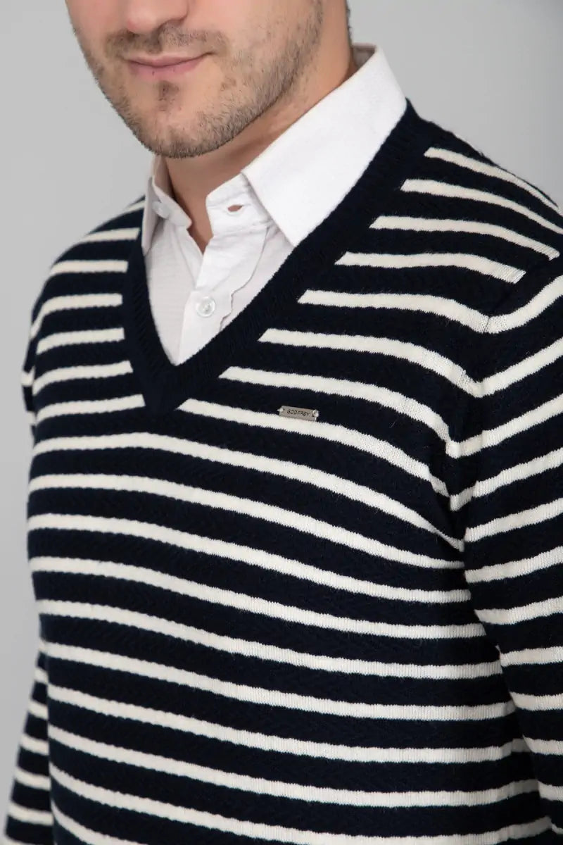 Navy Woolen V-Neck Striped Sweater For Men