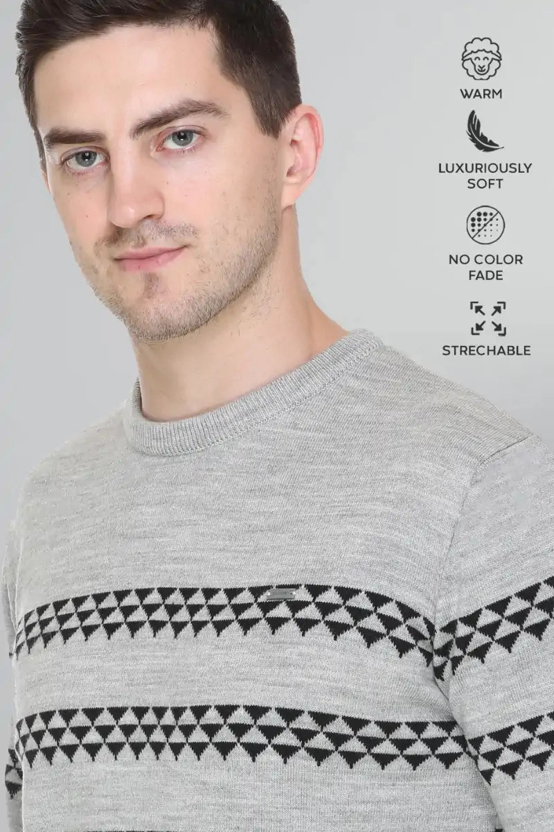 Light Grey Woolen Men's Round Neck Sweaters