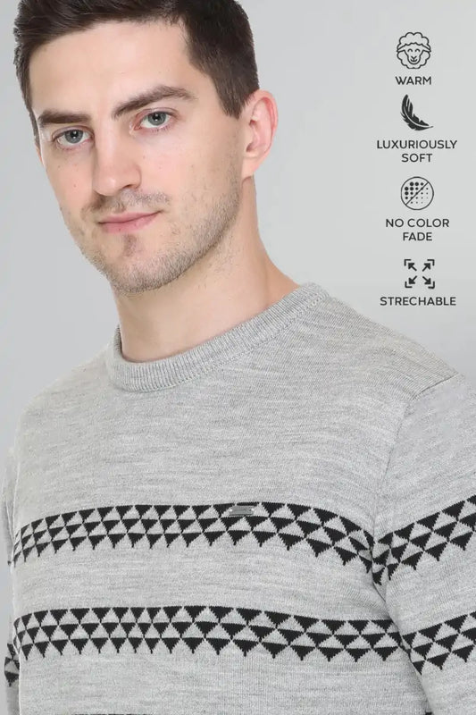 Light Grey Woolen Men's Round Neck Sweaters