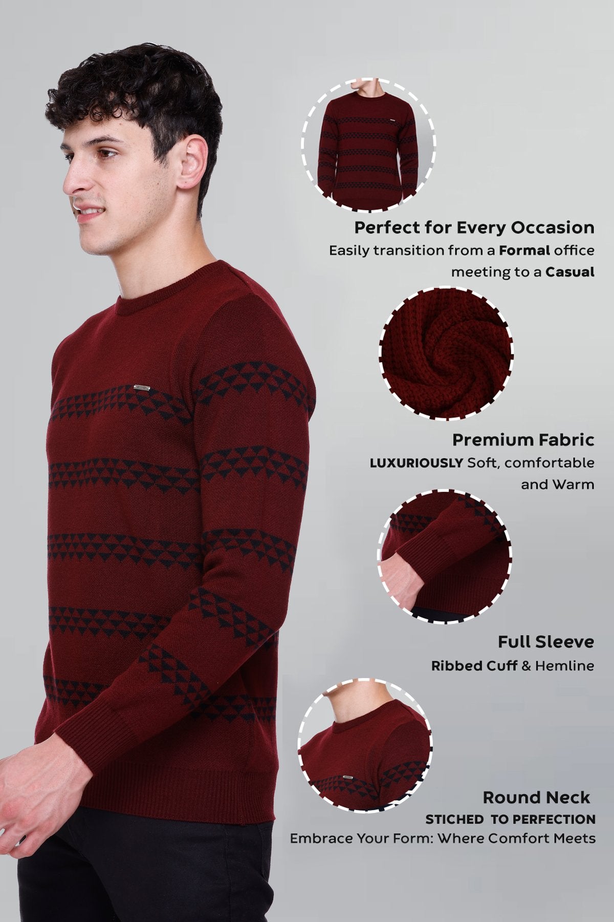 Wine Woolen Men's Round Neck Sweaters
