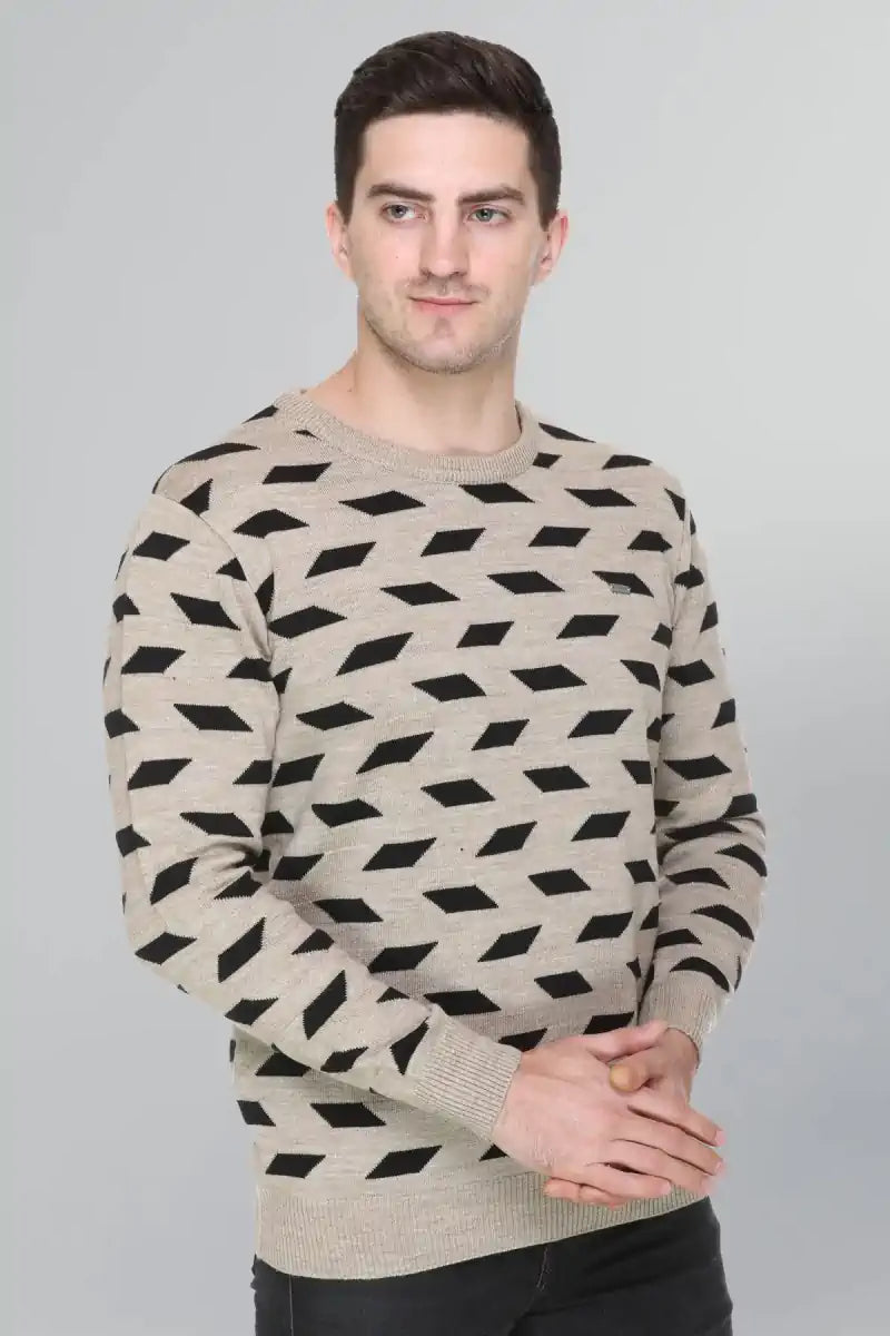 Beige Woolen Round Neck Designer Men Sweater