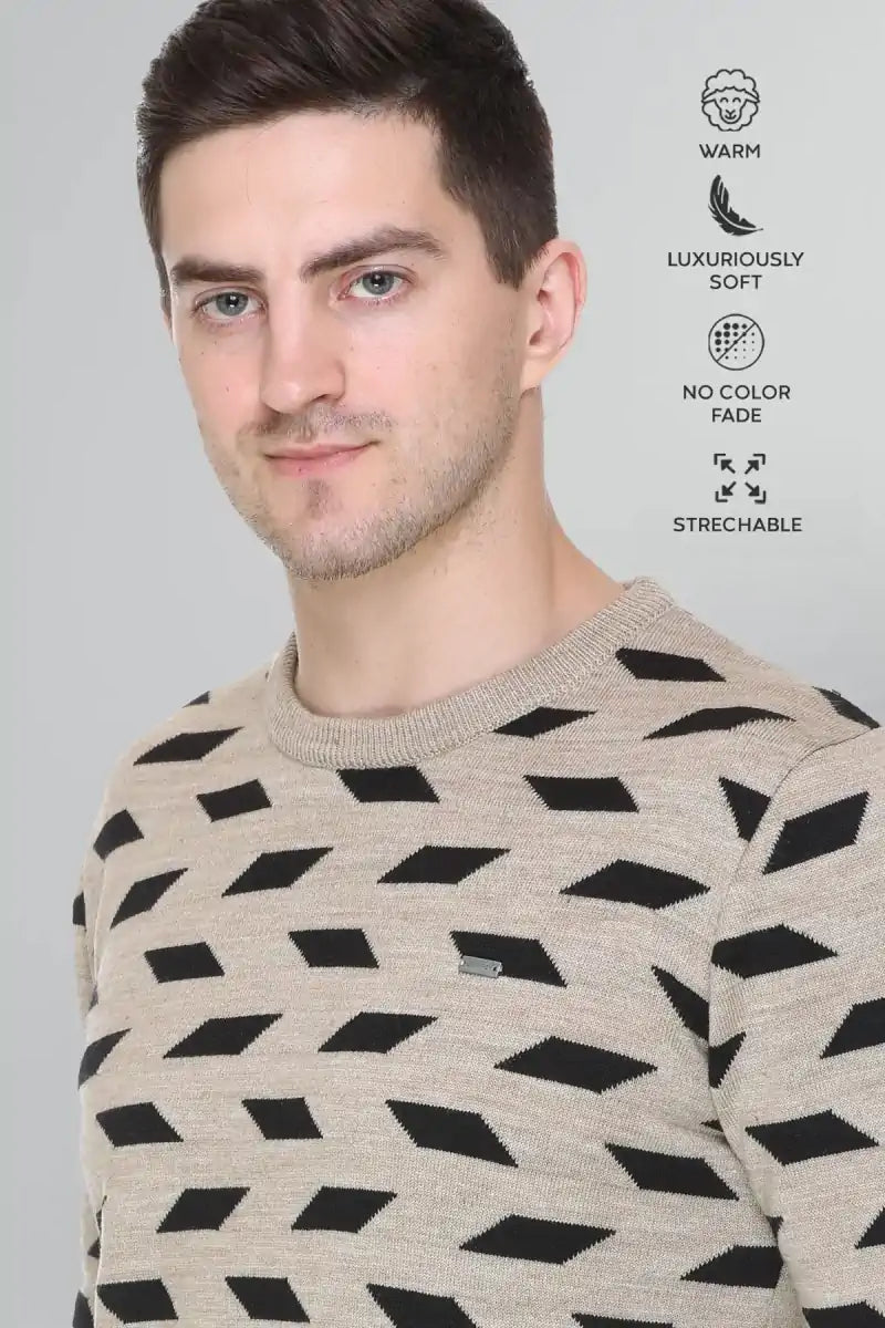 Beige Woolen Round Neck Designer Men Sweater
